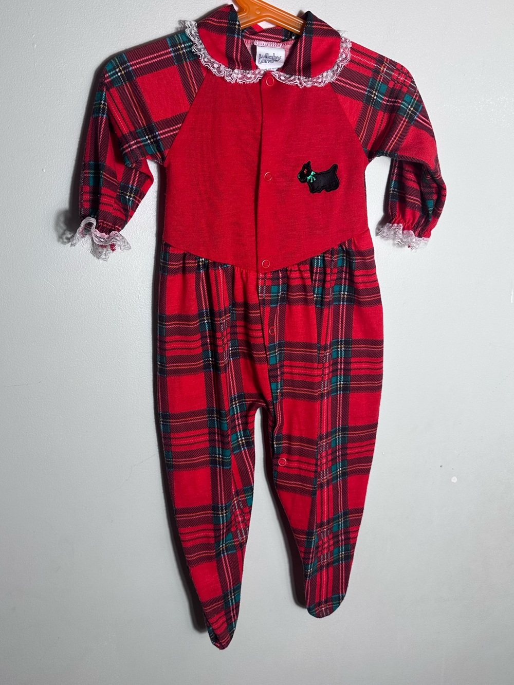 Vintage Red Plaid Baby One-Piece with Scottie Dog Accent